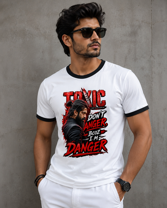 Toxic Danger Graphic Print Ringer T-Shirt | 100% Cotton, 180 GSM
