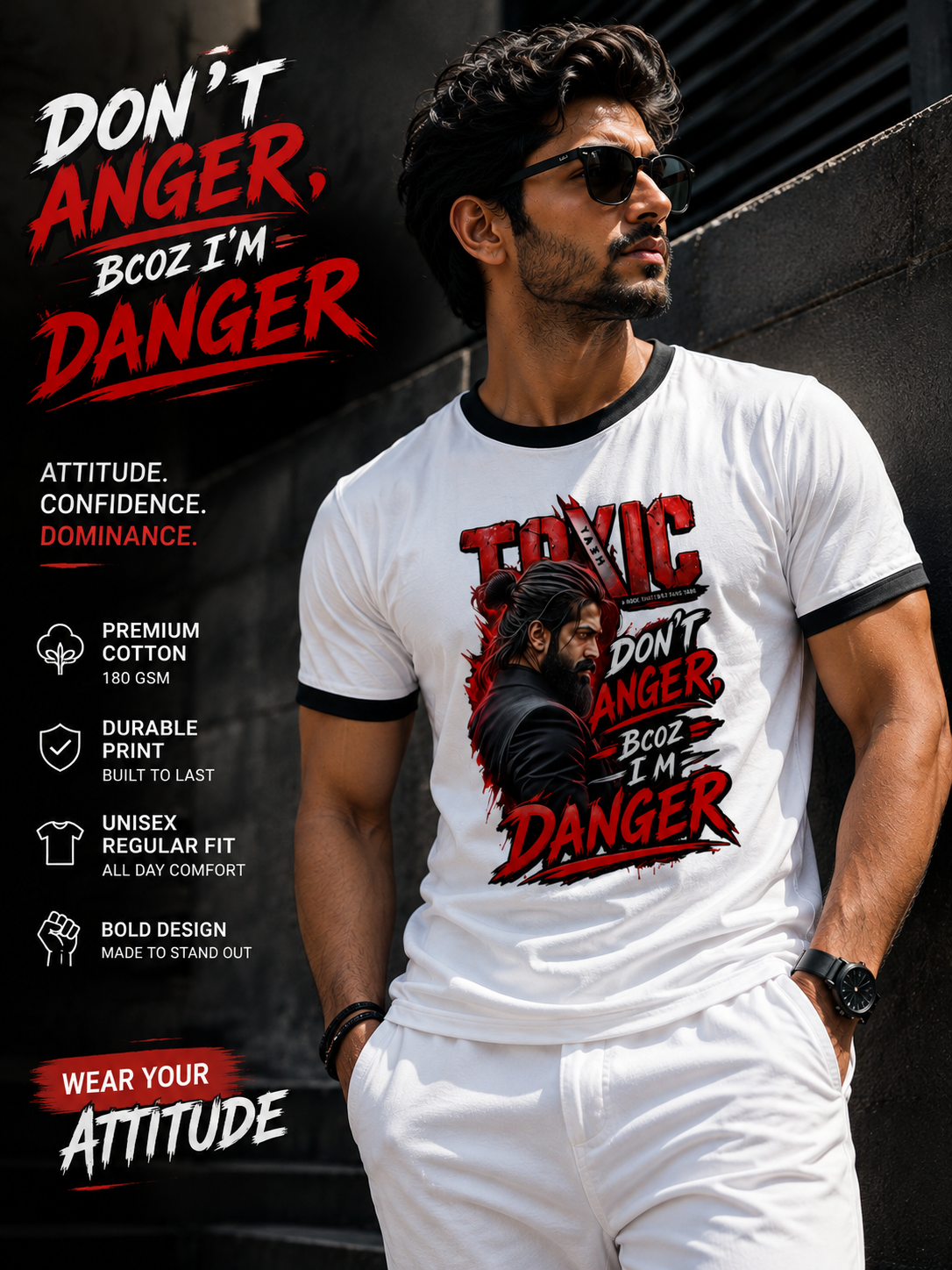 Toxic Danger Graphic Print Ringer T-Shirt | 100% Cotton, 180 GSM